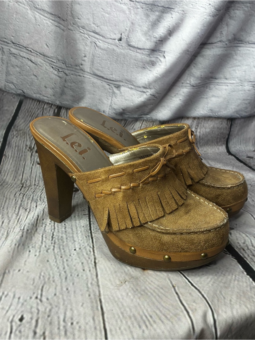 Vtg lei Whimsigoth Western Boho Fairy Fringe Chunky Block Heel Platform Mules 7